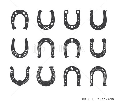 Black horseshoe icon set in different style and shape. 69552640