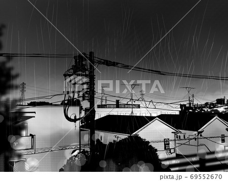 夜景と電柱とマンションなどの風景画と豪雨 夜景と電柱とマンションなどの風景画と豪雨 69552670