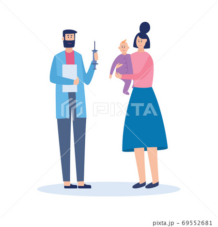 Child vaccination - doctor holding syringe ready to give vaccine to baby Child vaccination - doctor holding syringe ready to give vaccine to baby 69552681