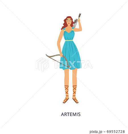Greek Goddess Artemis with bow and arrows, flat vector illustration isolated. Greek Goddess Artemis with bow and arrows, flat vector illustration isolated. 69552728