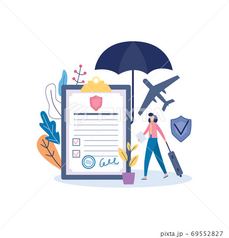 Travel insurance policy with woman goes on a journey, flat vector illustration. Travel insurance policy with woman goes on a journey, flat vector illustration. 69552827