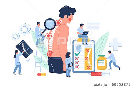 Osteopathy session and treatment. Man suffering from spine pain visiting osteopath, flat vector illustration. 69552875
