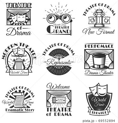 Vector set of classic theater isolated labels, logo and emblems. Black and white theater symbols and design elements. Vector set of classic theater isolated labels, logo and emblems. Black and white theater symbols and design elements. 69552894