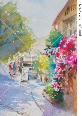 ヨーロッパの古い街 プロヴァンスの水彩画 風景画のイラスト素材