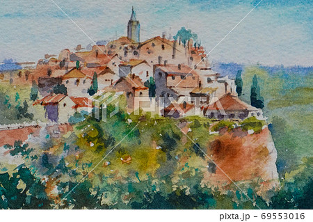 ヨーロッパの小さな村 トスカーナ 水彩画 風景画のイラスト素材