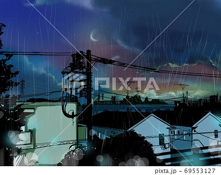 夜景と電柱とマンションなどの風景画と豪雨 69553127