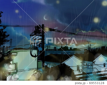 夜景と電柱とマンションなどの風景画と豪雨 69553128