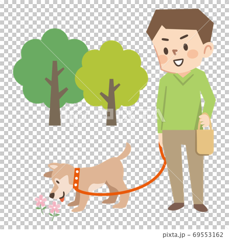 犬の散歩をする若い男性 69553162