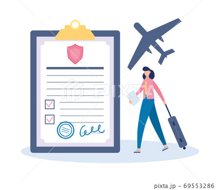 Travel insurance with tiny tourist and policy flat vector illustration isolated. 69553286