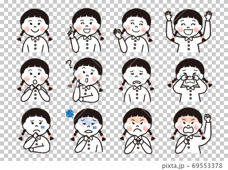 三つ編みの女の子の喜怒哀楽の表情のイラスト素材