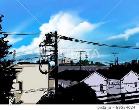 青い空と入道雲 住宅街の風景画のイラスト素材