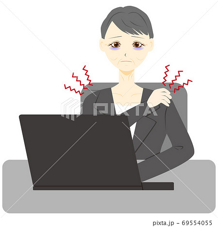 パソコン 女性 ミドル 会社員 疲労 肩こりのイラスト素材
