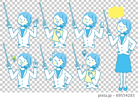 Facial expression set of a woman in a suit explaining with a support stick 69554283