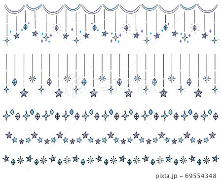 手書きの星や光のキラキラ罫線 装飾セット 青と紫のイラスト素材
