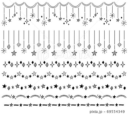 手書きの星や光のキラキラ罫線 装飾セット 黒の線画のイラスト素材