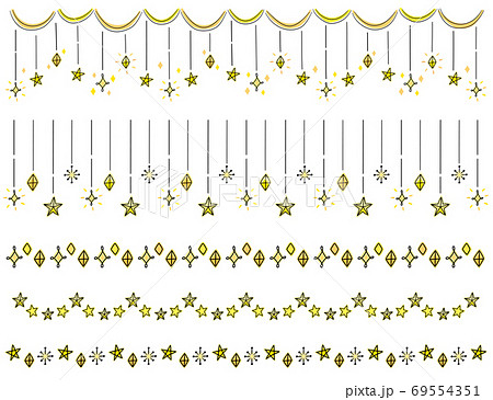 手書きの星や光のキラキラ罫線 装飾セット 黄色のイラスト素材