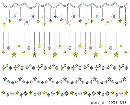 手書きの星や光のキラキラ罫線 装飾セット カラフルのイラスト素材