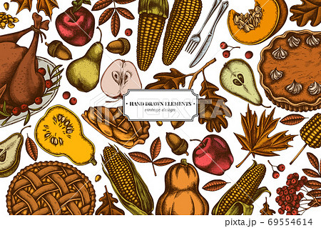 Colored elements design with pumpkin, fork, knife, pears, turkey, pumpkin pie, apple pie, corn, apples, rowan, maple, oak 69554614