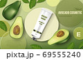 Avocado cosmetic poster ad. Realistic hand cream with green avocado and tree leaves, circular disks and realistic tube. Cosmetic bottle template. Realistic 3d illustration 69555240