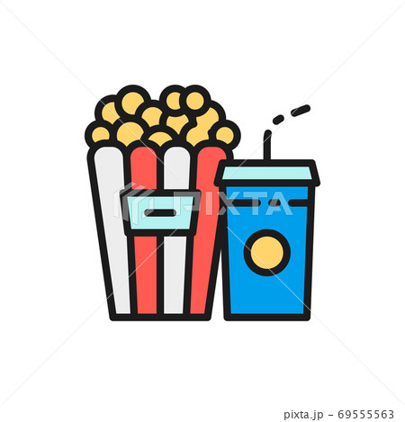 Popcorn snack and drink, cinema food flat color line icon. 69555563