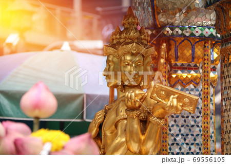 Golden Hindu god Brahma statue be enshrined on altar. Golden Hindu god Brahma statue be enshrined on altar. 69556105