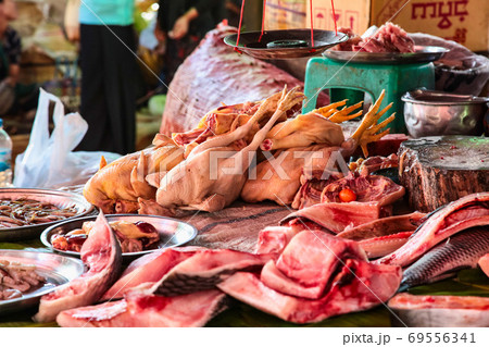 Traditional food market in Heho, Shan State, Myanmar former Burma 69556341