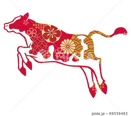 跳ねる牛のシルエット 和柄入り 横向き ホルスタインのイラスト素材