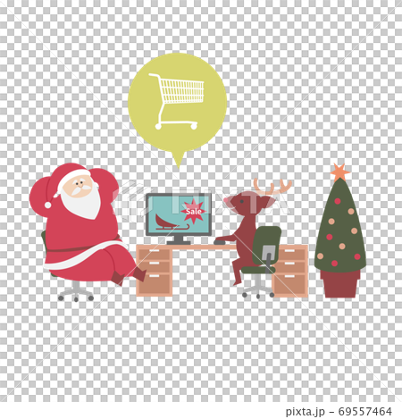 オンラインショッピングでソリを注文するトナカイとサンタクロース オンラインショッピングでソリを注文するトナカイとサンタクロース 69557464