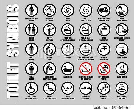 Full ISO set vector icons of public toilet signs. Round symbols of men, women, unisex gender restroom pictograms with WC equipment Full ISO set vector icons of public toilet signs. Round symbols of men, women, unisex gender restroom pictograms with WC equipment 69564566