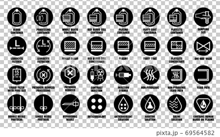 Full vector set of packaging icons for medical devices contain human blood, cells, plasma, platelets, leukocytes. Black package pictograms isolated on white Full vector set of packaging icons for medical devices contain human blood, cells, plasma, platelets, leukocytes. Black package pictograms isolated on white 69564582