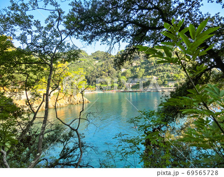 beach known as paraggi near portofino in genoa on a blue sky and sea background 69565728