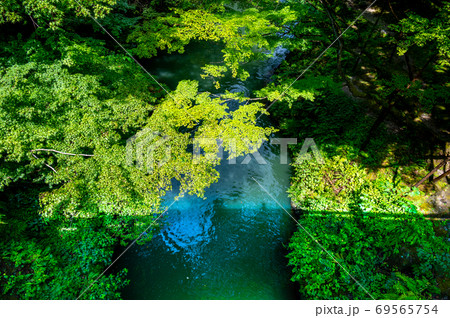 こおろぎ橋（2019年／令和元年 架け替え完了後）北陸山中温泉　橋上から覗く 69565754