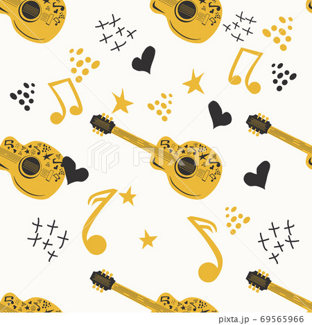 Handdrawn seamless pattern with various country music symbols - notes, guitar, stars and elements Handdrawn seamless pattern with various country music symbols - notes, guitar, stars and elements 69565966