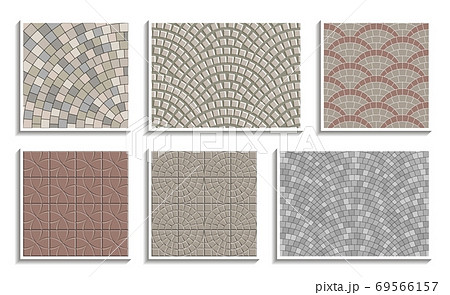 Set of seamless round pavement textures. Vector repeating patterns of radial stone material 69566157