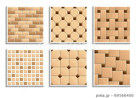 Set of seamless floor and wall tiles textures. Vector repeated patterns of mosaic, subway, brick, hopscotch, octagon, dot, basketweave 69566400