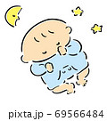 夜ねむる赤ちゃん　月と星　カラーイラスト 69566484
