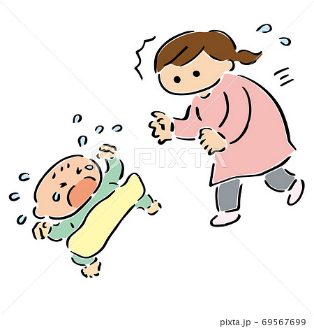 泣く赤ちゃんと駆け寄るママ カラーイラストのイラスト素材