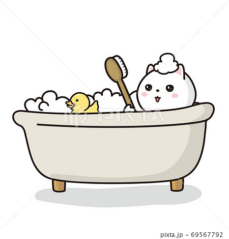 アヒルの玩具とお風呂に入る猫のイラスト素材