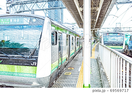駅風景 Jr横浜線 八王子駅 ホーム 色鉛筆 のイラスト素材