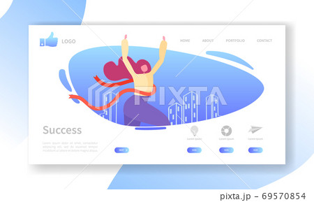 Business Success Landing Page Template. Website Layout with Flat Woman Character Crossing Finish Line. Leadership Concept. Easy to Edit and Customize Mobile Web Site. Vector illustration 69570854