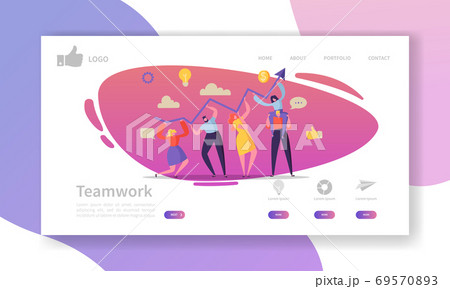 Team Work Landing Page Template. Website Layout with Flat People Characters Working Together. Easy to Edit and Customize Mobile Web Site. Vector illustration 69570893