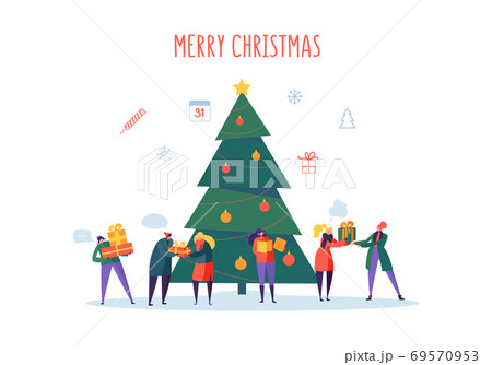 Flat Happy People with Gifts and Christmas Tree. Merry Xmas Holiday Party. Characters Celebrating New Year Eve. Vector illustration 69570953