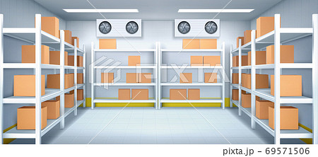 Warehouse Interior With Carton Boxes On Racksのイラスト素材