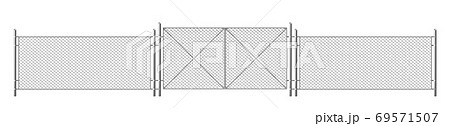 Wire fence, grid with gate. Three segments fencing Wire fence, grid with gate. Three segments fencing 69571507
