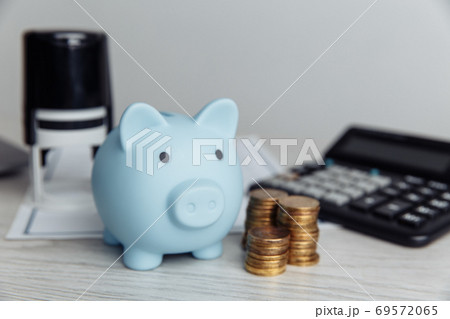 Blue piggy bank, stamp and coins on wooden desk in office. Save money and management financial concept 69572065