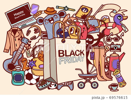 Black Friday sale hand lettering and doodles elements background. Vector hand drawn illustration 69576615