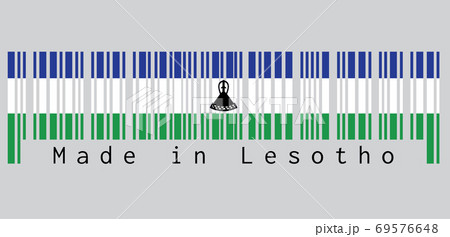Barcode set the color of Lesotho flag, blue, white and green with a black mokorotlo (a Basotho hat). 69576648