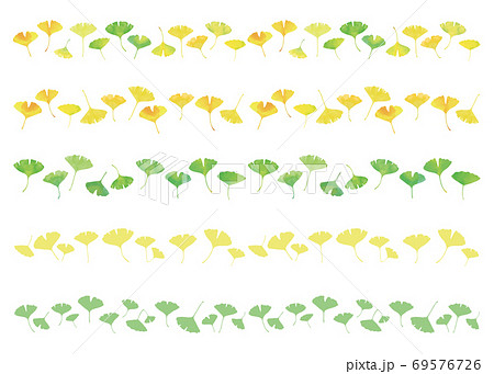 イチョウの葉 ライン素材5種類セット 水彩画と単色 緑から黄色のグラデーションのイラスト素材