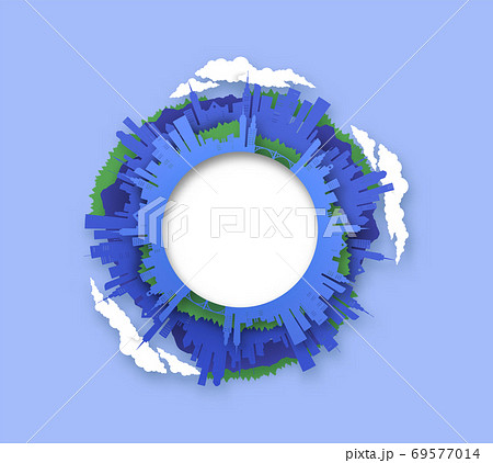 Paper cut city circle frame 3D papercut world view Paper cut city circle frame 3D papercut world view 69577014