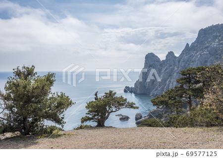 View of the mountain slope with Crimean Juniper trees and blue waters of the Black Sea to the horizon 69577125